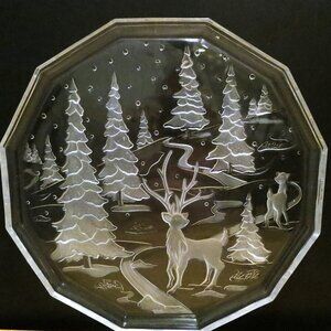 Glass Serving Platter Winter Forest 14" by Ranmaru Reindeer Christmas Tree Japan